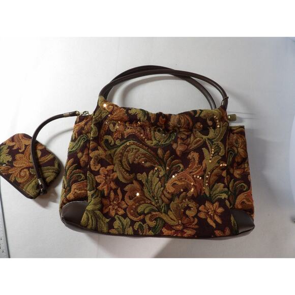 Paradox Tapestry Purse Shoulder Bag Brown Floral Sequins Woven Double Handle - Picture 4 of 16
